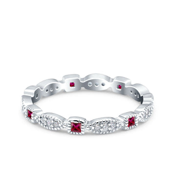 Full Eternity Stackable Ring Wedding Band Round Simulated Ruby CZ 925 Sterling Silver (3mm)